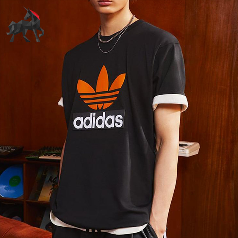 Adidas/阿迪达斯正品三叶草新款男黑橙色经典街头短袖T恤JF0660