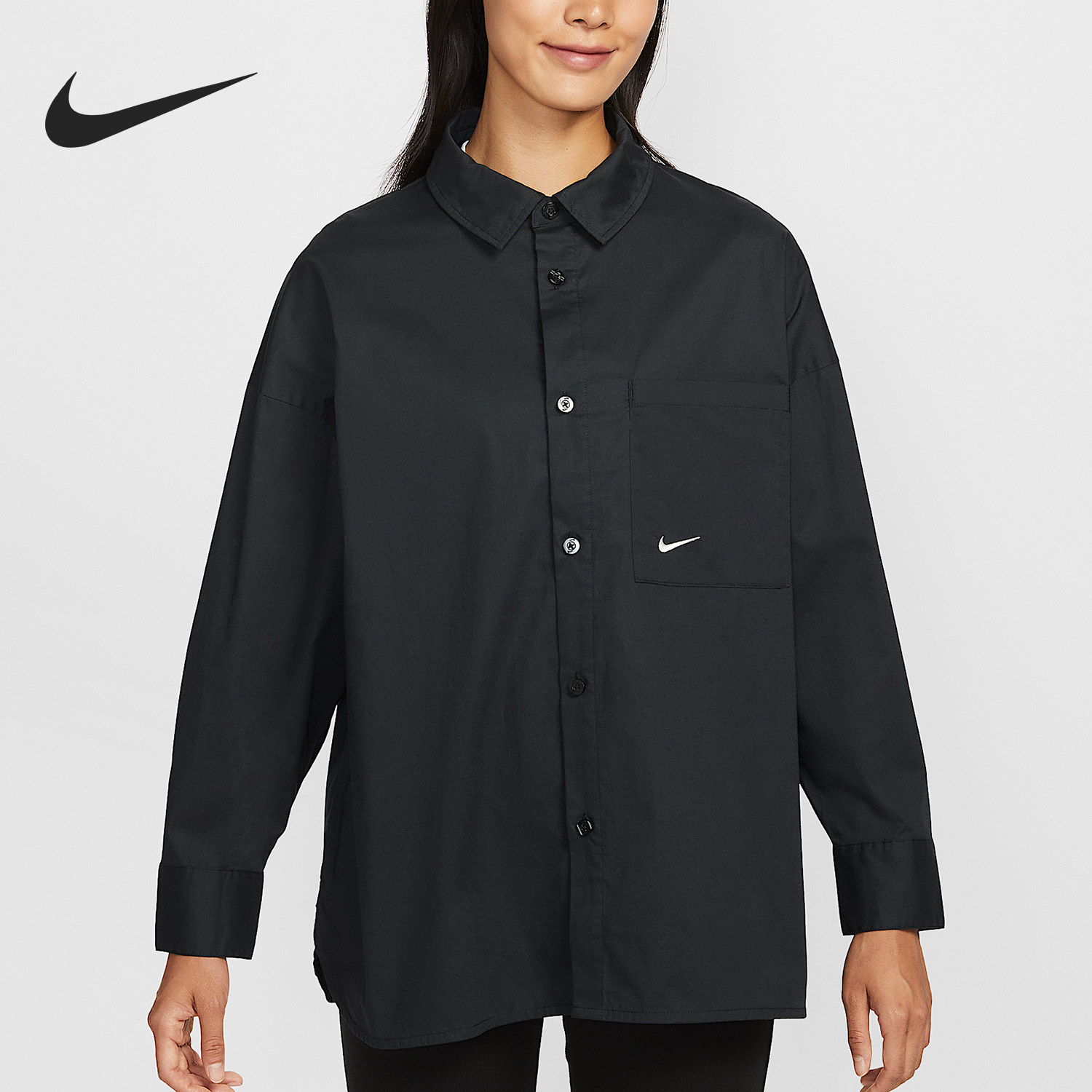 Nike/耐克正品春秋女士宽松长袖纽扣运动经典休闲衬衫HJ0716-011