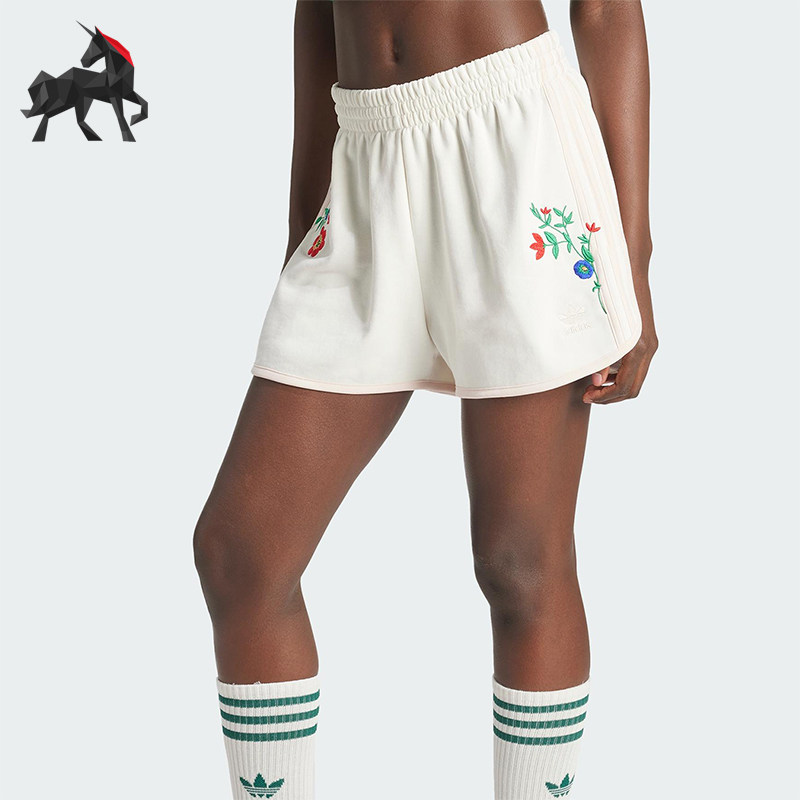 Adidas/阿迪达斯正品三叶草女士刺绣花卉经典透气休闲短裤IS3869