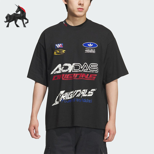 Adidas/阿迪达斯正品三叶草男士图案宽松赛车风运动短袖KH1195