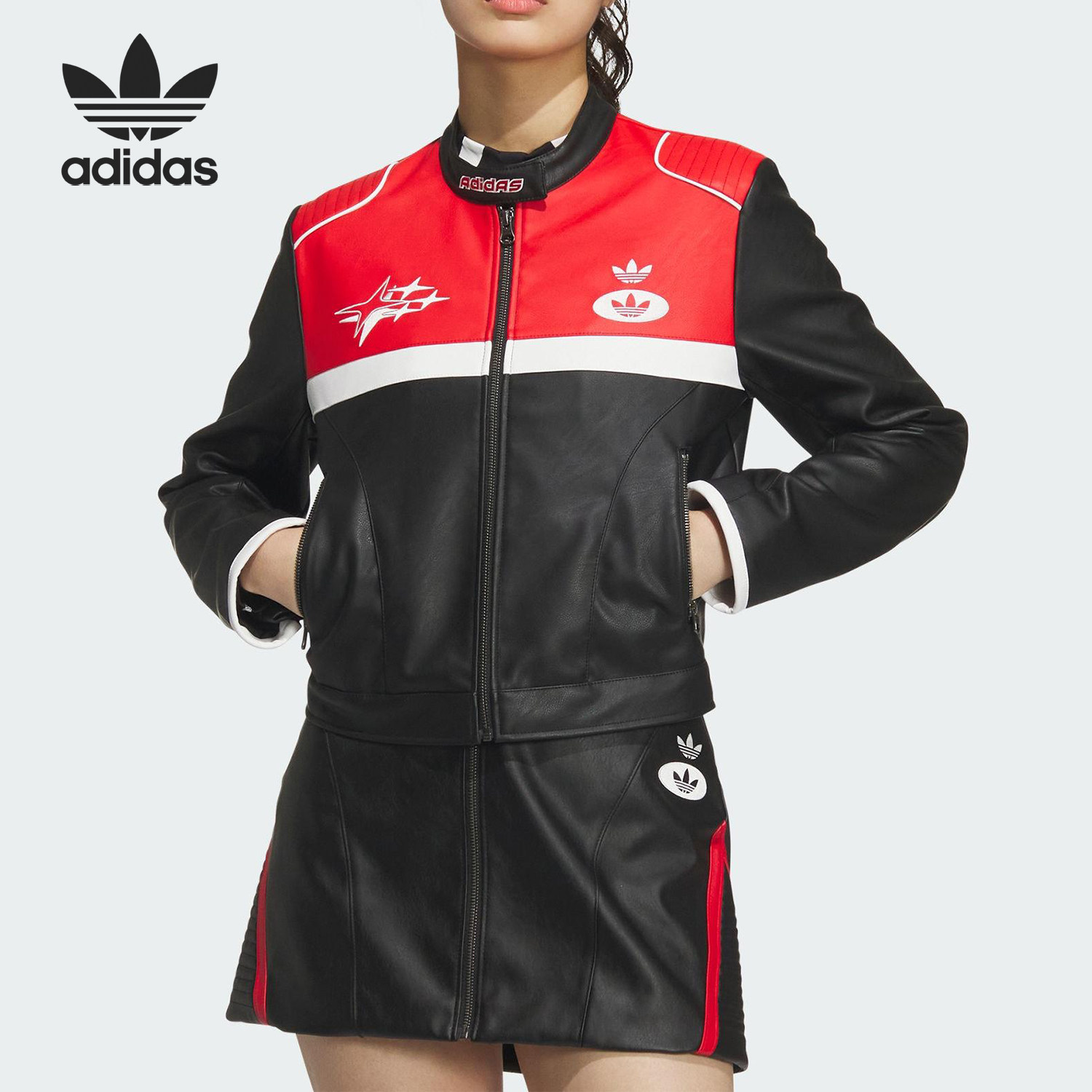 Adidas/阿迪达斯正品三叶草女士仿皮运动机车赛车服JM8023