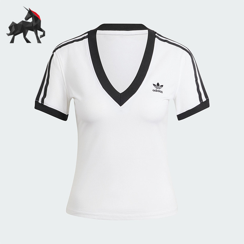 Adidas/阿迪达斯正品三叶草女士条纹V领透气短袖T恤IR8114 - 实物图