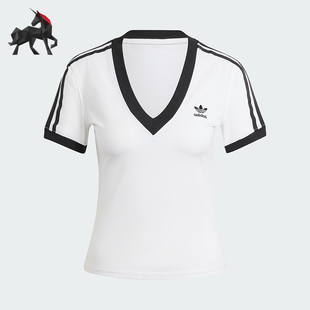 Adidas/阿迪达斯正品三叶草女士条纹V领透气短袖T恤IR8114
