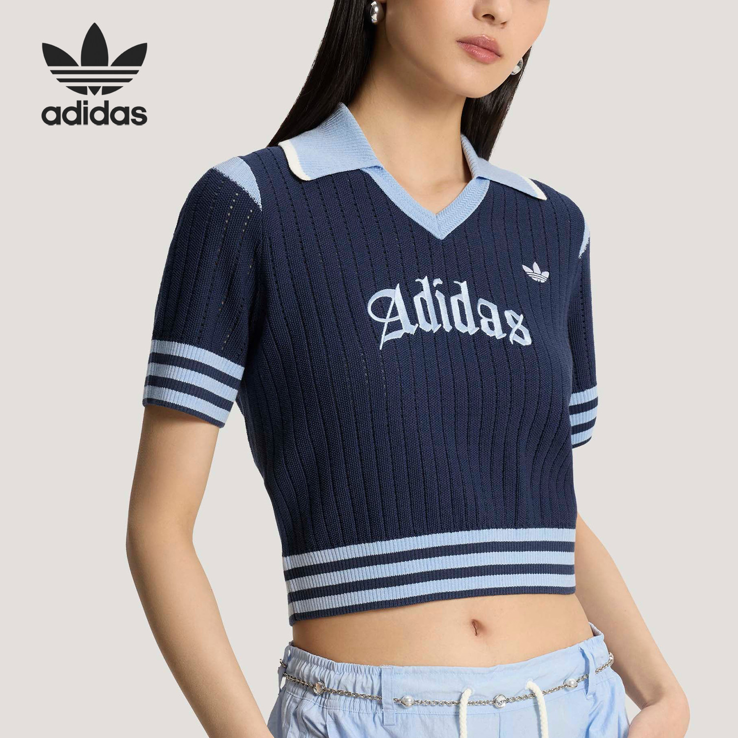 Adidas/阿迪达斯官方正品三叶草女士经典针织短袖POLO衫KT3047 - 实物图