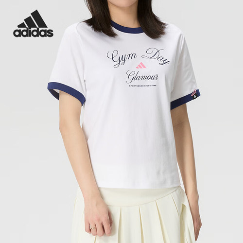 Adidas/阿迪达斯正品VERBIAGE新款女白蓝色撞色经典短袖T恤KB7196