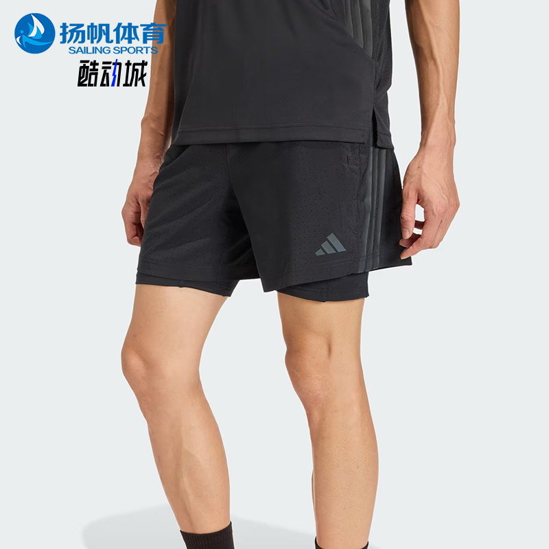 Adidas/阿迪达斯正品男二合一速干透气条纹经典运动短裤KE9633