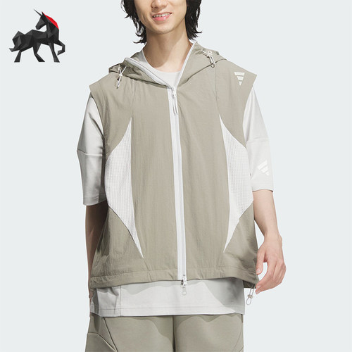 阿迪达斯男士梭织宽松连帽马甲