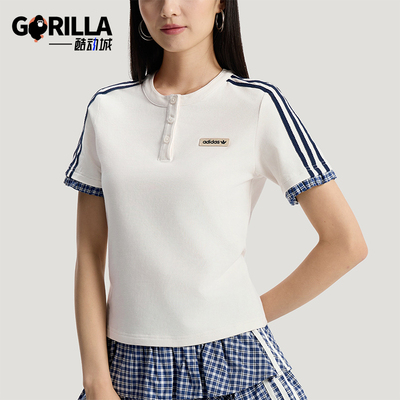 Adidas/阿迪达斯正品三叶草女士休闲运动修身格子短袖T恤KU9392