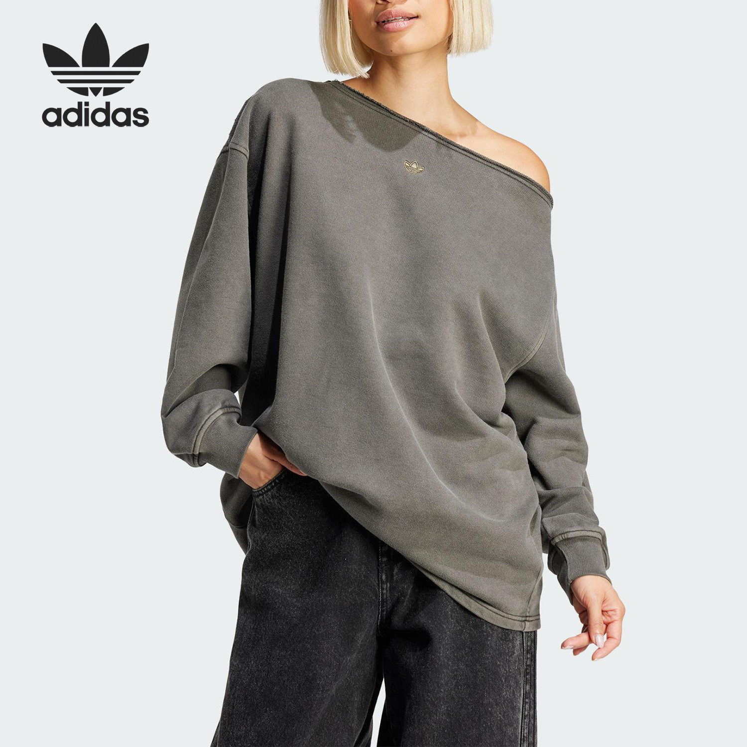 Adidas/阿迪达斯正品三叶草女士休闲时尚斜肩露肩卫衣JI5731