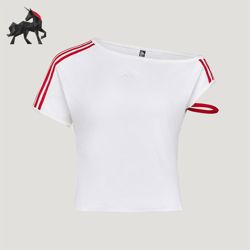 Adidas/阿迪达斯正品女士蕾丝露肩修身针织休闲短袖T恤KZ4233
