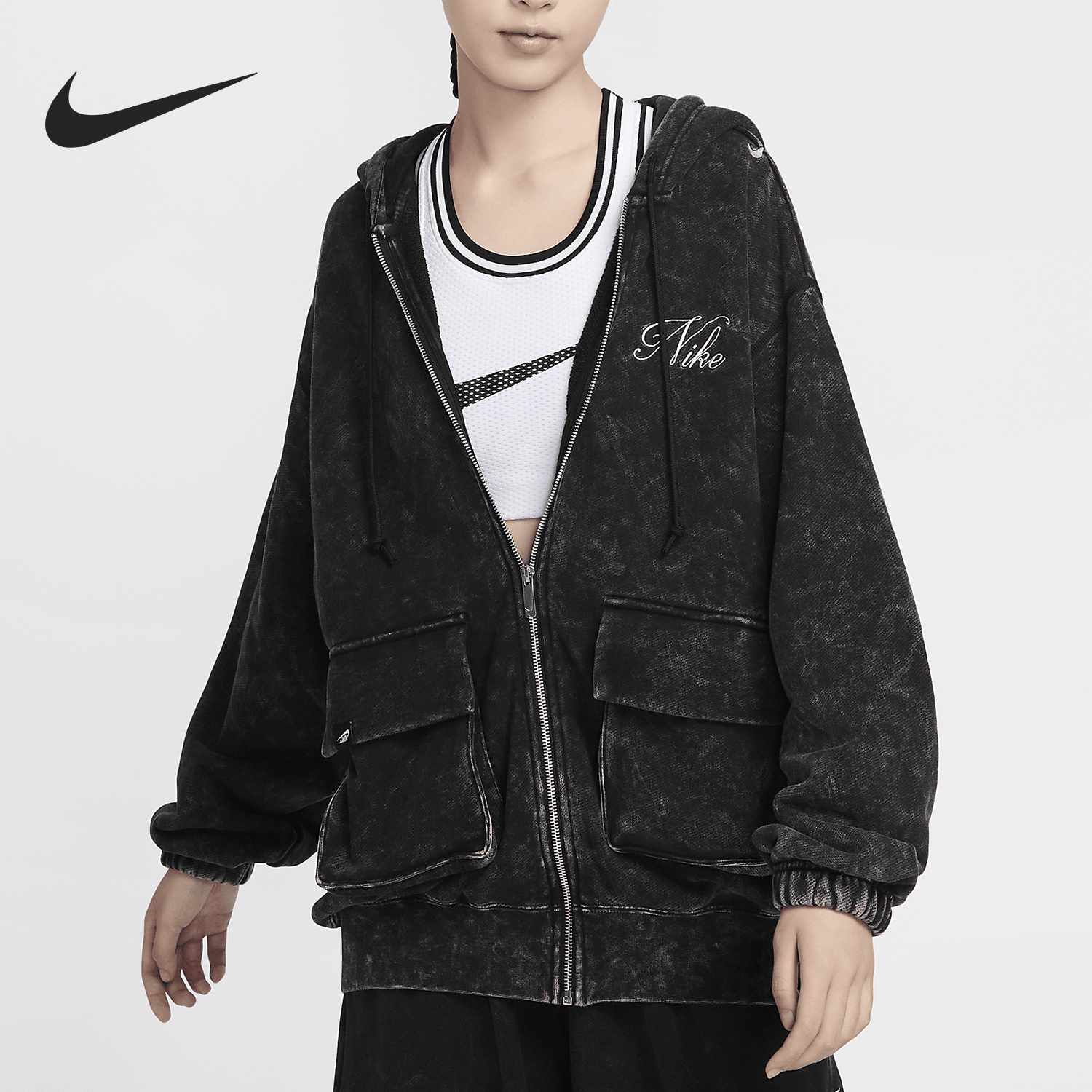 Nike/耐克正品秋新款女士连帽扎染做旧大口袋外套HQ4750-010