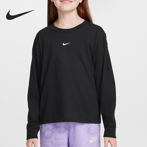 Nike/耐克正品舒适春季款大童圆领套头刺绣长袖T恤FZ5535-010