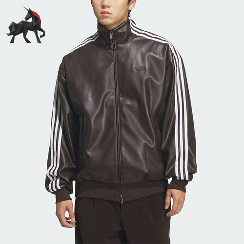 Adidas/阿迪达斯正品三叶草男女立领休闲条纹复古仿皮夹克KQ5473