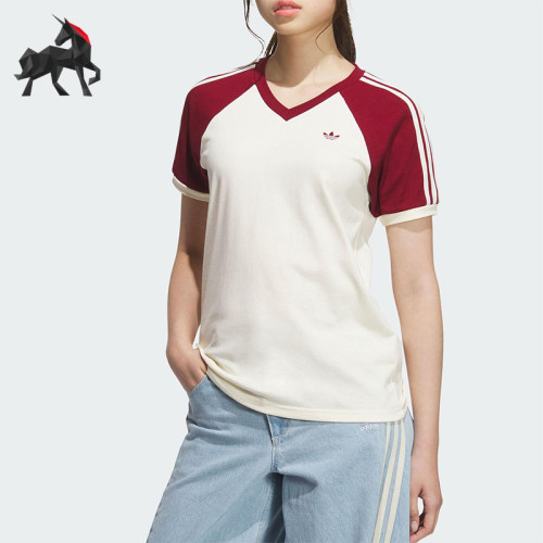 Adidas/阿迪达斯正品三叶草女士V领时尚透气运动拼接短袖KE6163
