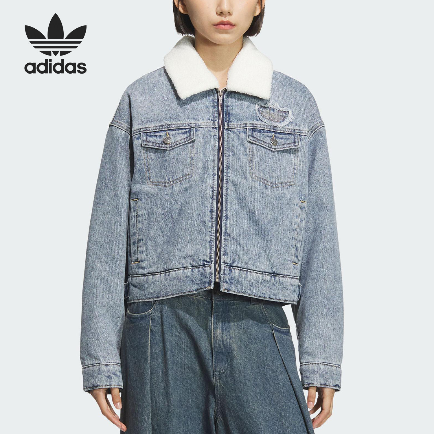 Adidas/阿迪达斯官方正品三叶草女士保暖牛仔运动宽松棉服KC2626
