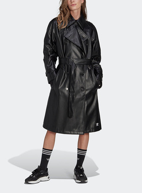 Adidas/阿迪达斯正品三叶草女子长款翻领皮衣防风夹克II6083