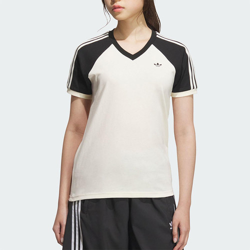 Adidas/阿迪达斯正品三叶草女V领日常拼接透气休闲短袖T恤KF0316
