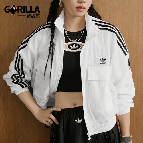 Adidas/阿迪达斯正品三叶草女士长袖短款梭织运动立领外套KG8513