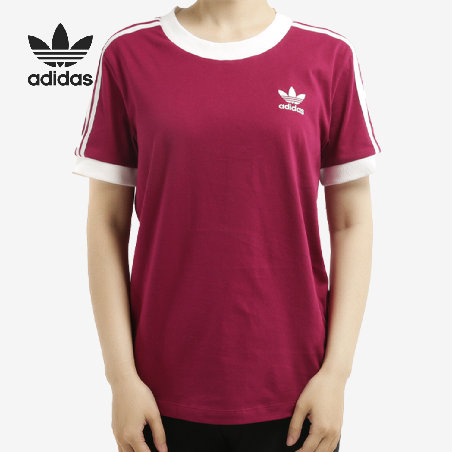 Adidas/阿迪达斯正品三叶草女子三条纹针织运动短袖T恤GD2443