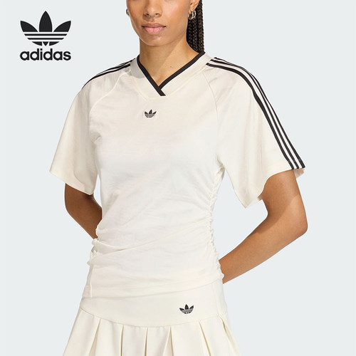 Adidas/阿迪达斯正品三叶草女士透气球衣风修身V领短袖T恤KC9122