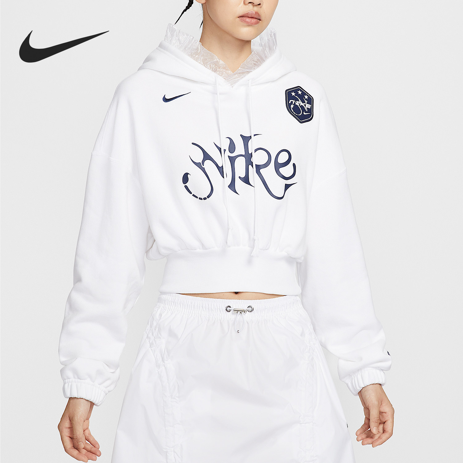 Nike/耐克正品女士短款宽松套头连帽衫法式毛圈卫衣IO0468-100