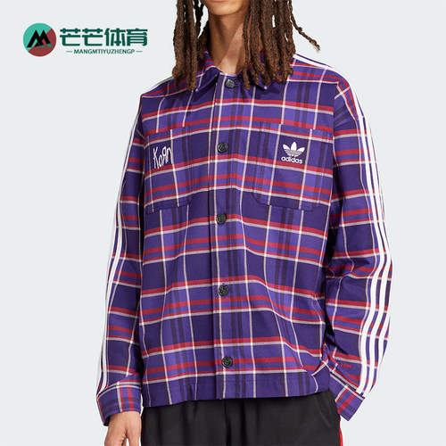 阿迪达斯男士格纹翻领长袖衬衫