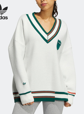 Adidas/阿迪达斯正品三叶草女子秋运动毛衣保暖针织V领上衣HS9521