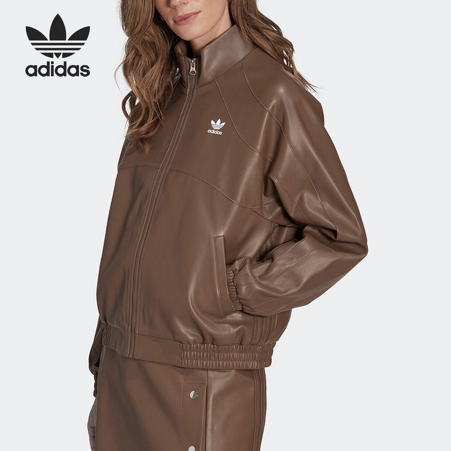 Adidas/阿迪达斯正品三叶草女士复古休闲皮衣立领夹克II6102