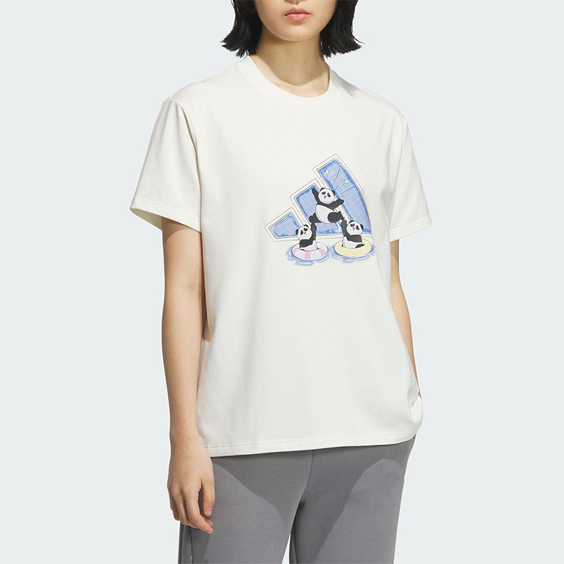 Adidas/阿迪达斯正品2025女士印花图案经典休闲针织短袖KC0970