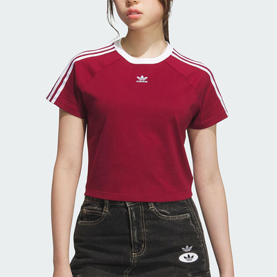 Adidas/阿迪达斯正品三叶草女士修身三条纹圆领透气短袖KF0314