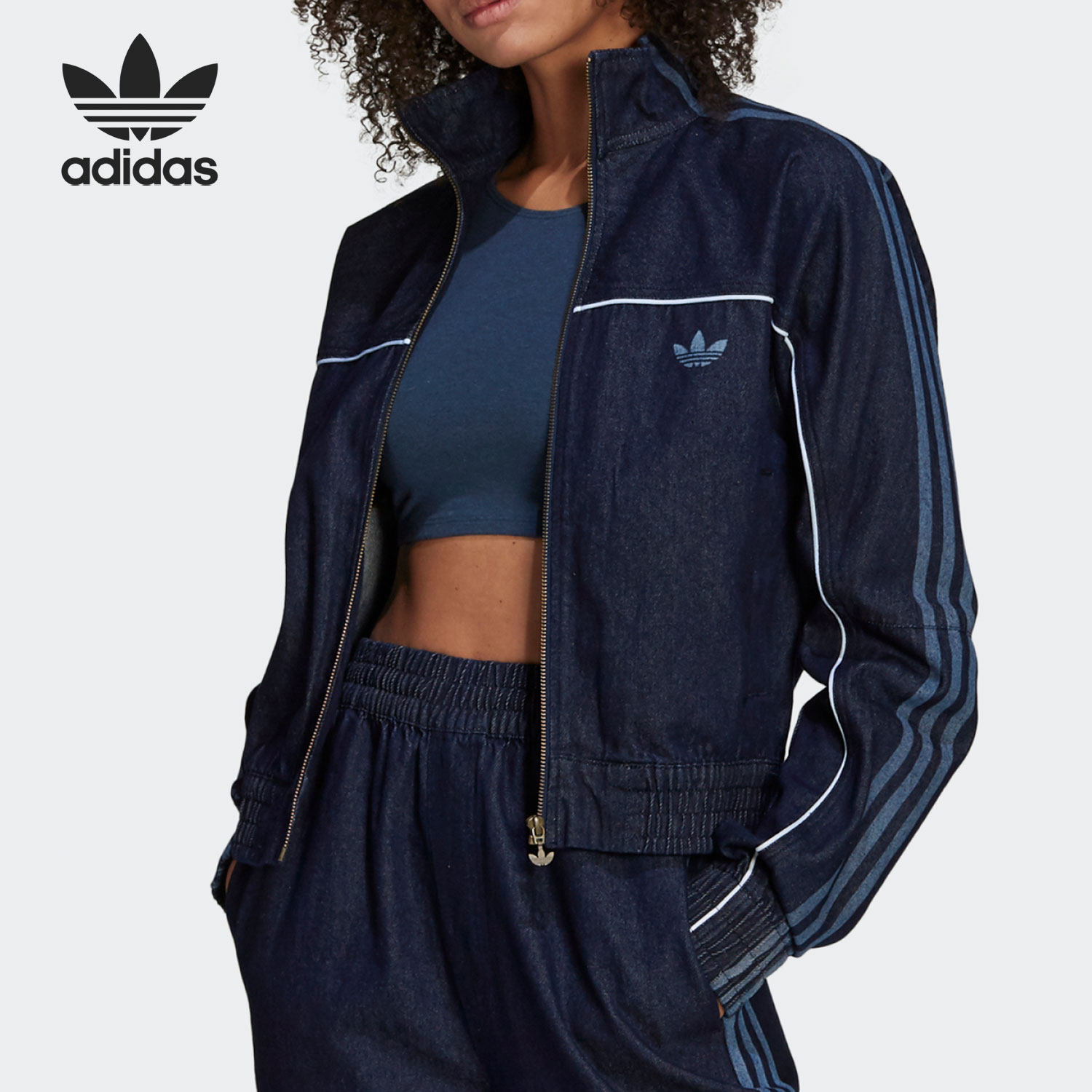 adidas/阿迪达斯正品三叶草女子立领宽松运动茄克牛仔外套 gm5381