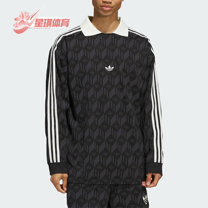 Adidas/阿迪达斯正品三叶草男女同款印花复古翻领长袖T恤JD5196