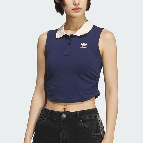 Adidas/阿迪达斯正品三叶草女士针织修身翻领短款透气背心KE3893