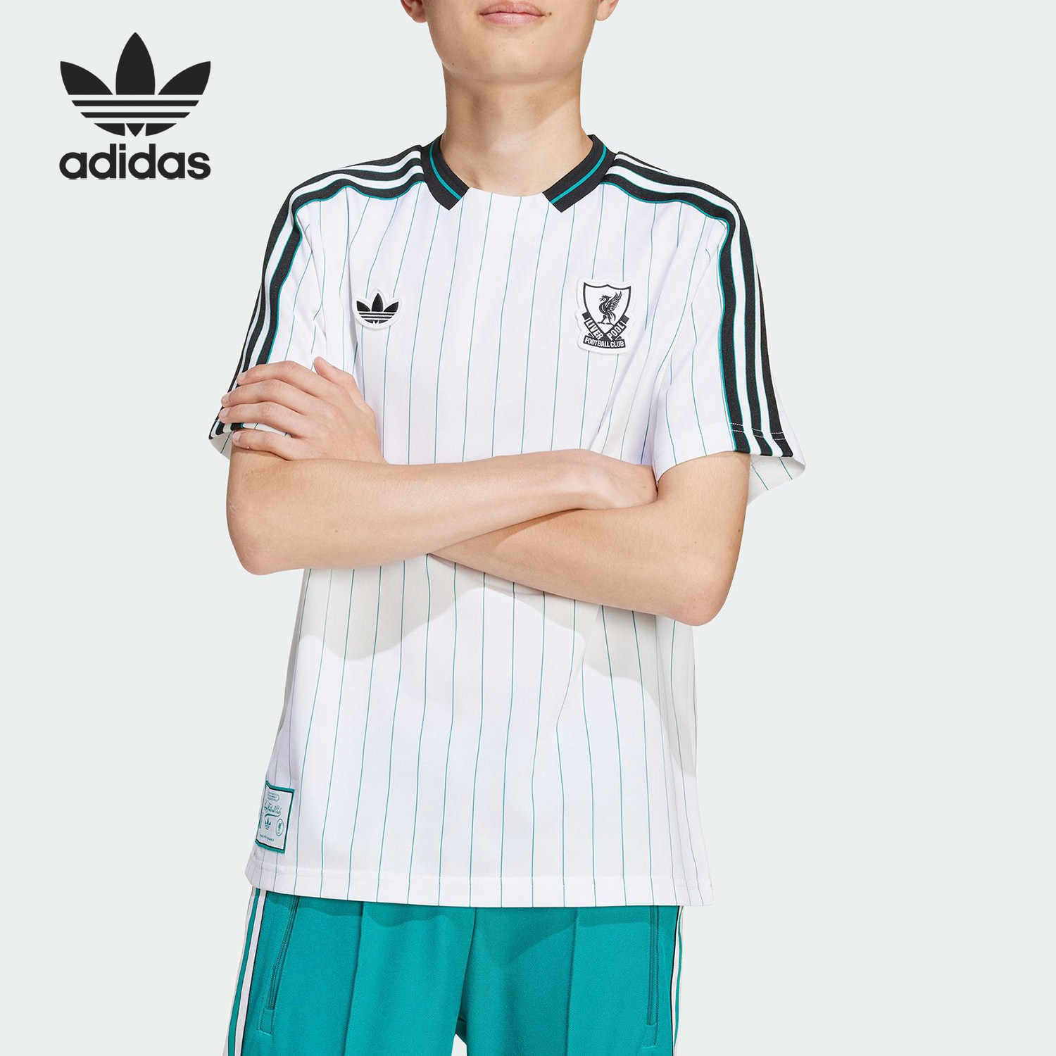 Adidas/阿迪达斯官方正品三叶草大童足球运动条纹透气短袖KA5580