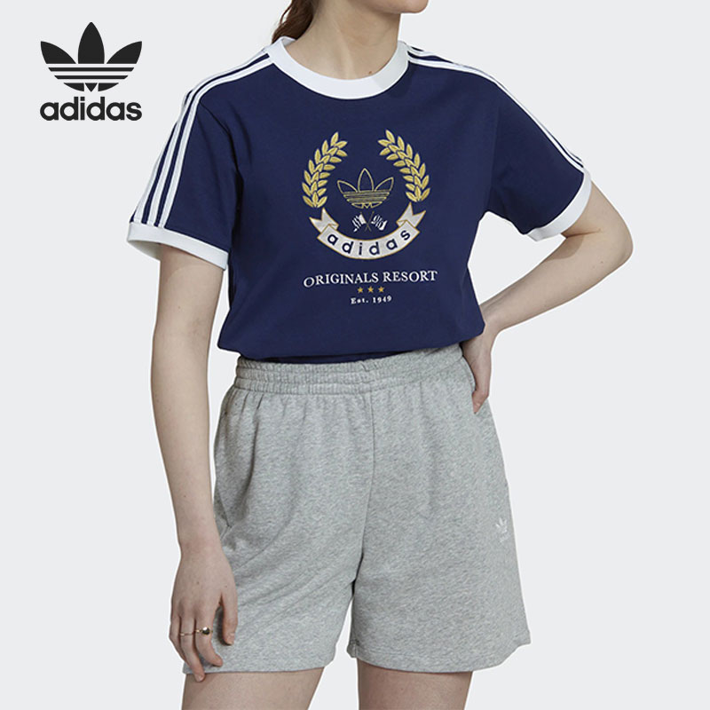 Adidas/阿迪达斯官方正品三叶草三条杠刺绣花纹运动女子T恤HL6555