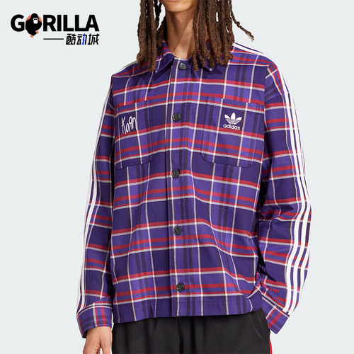 阿迪达斯男士格纹翻领长袖衬衫