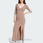 长款 三叶草女士经典 侧开叉V领连身裙JX5193 阿迪达斯正品 Adidas