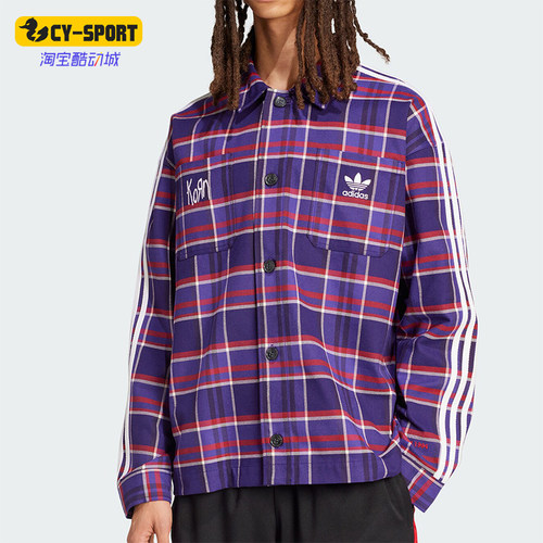 阿迪达斯男士格纹翻领长袖衬衫