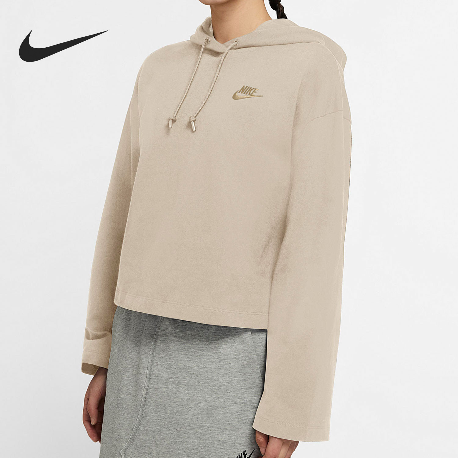 Nike/耐克官方正品新款女土黄色宽松短款休闲连帽卫衣CJ3741-140