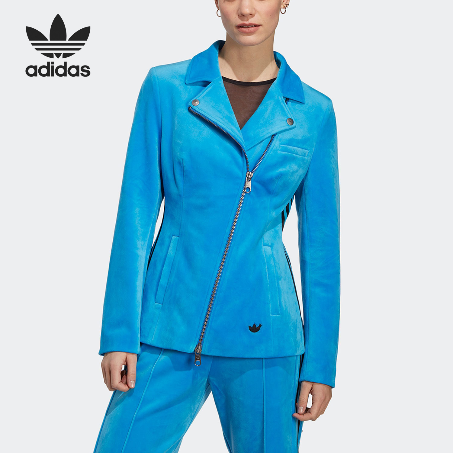 Adidas/阿迪达斯正品三叶草女士不对称拉链翻领外套HM2056