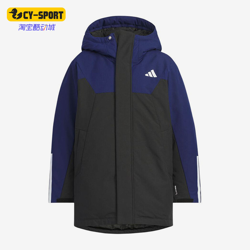 Adidas/阿迪达斯正品152新款儿童蓝黑色保暖经典连帽棉服KC5408