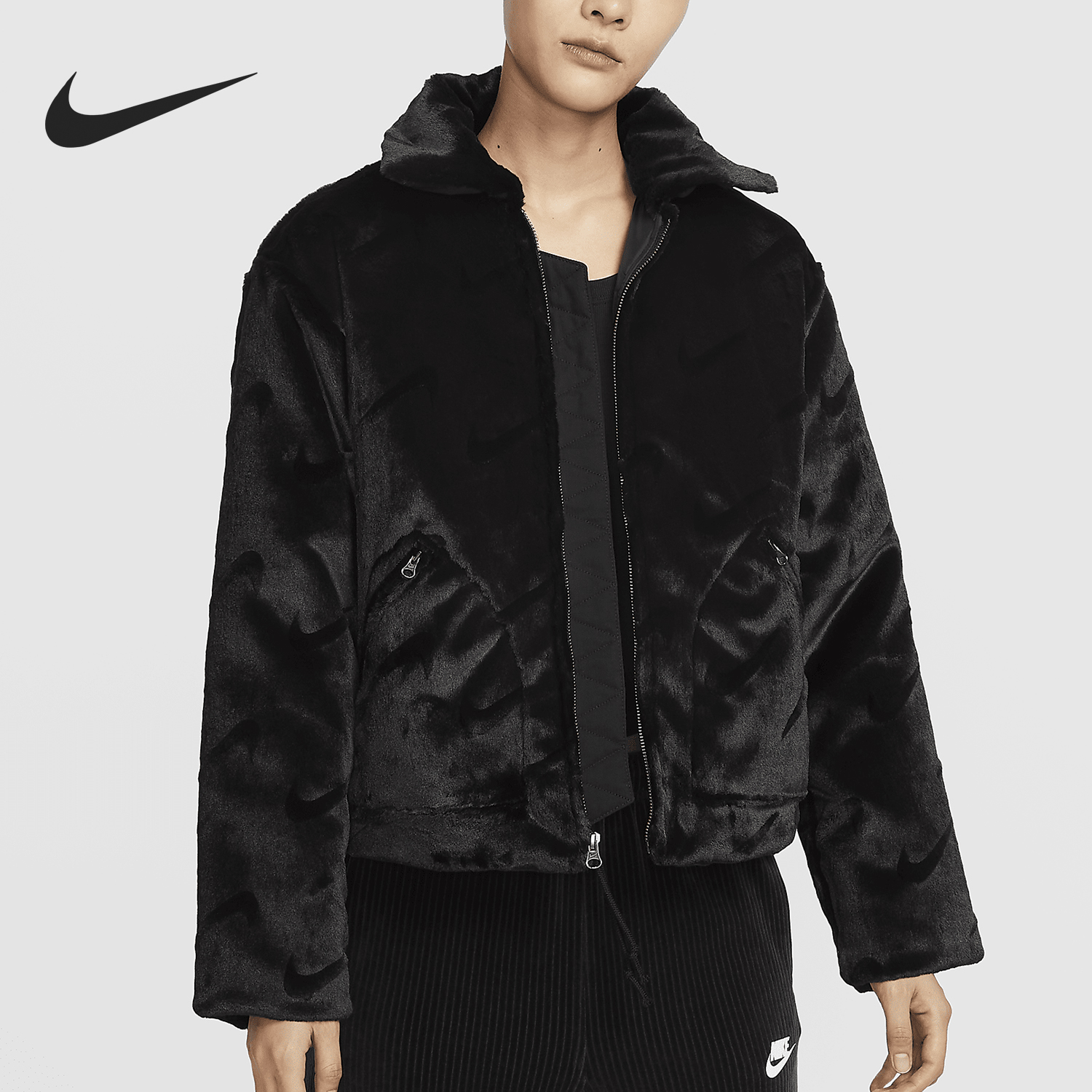 Nike/耐克正品秋季新款女士毛绒保暖休闲短款外套FV8020-010