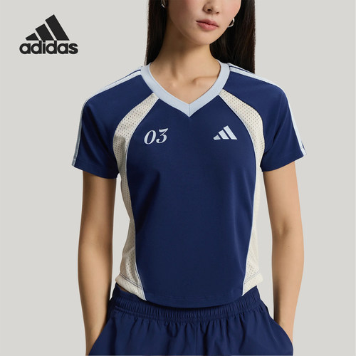 Adidas/阿迪达斯正品TIRO新款女蓝白色足球风经典短袖T恤KZ2388