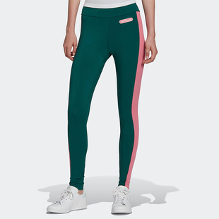 三叶草女士复古高腰运动紧身拼接长裤 HL0024 阿迪达斯正品 Adidas