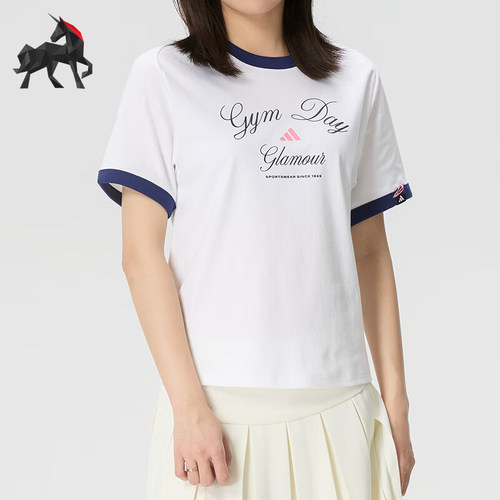 Adidas/阿迪达斯正品VERBIAGE新款女白蓝色撞色经典短袖T恤KB7196