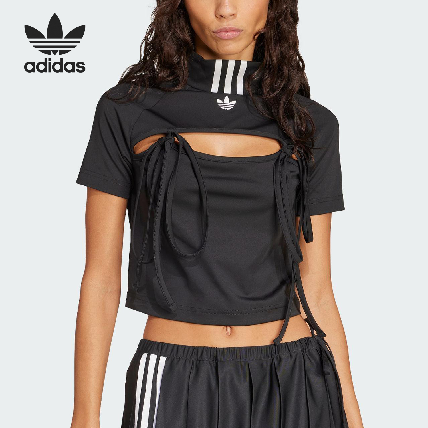 Adidas/阿迪达斯正品三叶草女士透气修身缎带镂空短款短袖JX2537