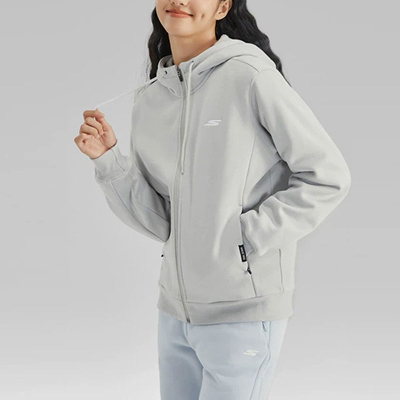 Skechers/斯凯奇正品女士休闲耐磨纯色针织连帽保暖夹克外套