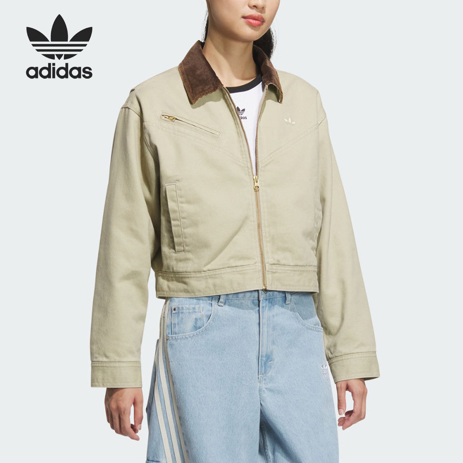Adidas/阿迪达斯官方正品三叶草女士简约保暖休闲短款棉服JW9578