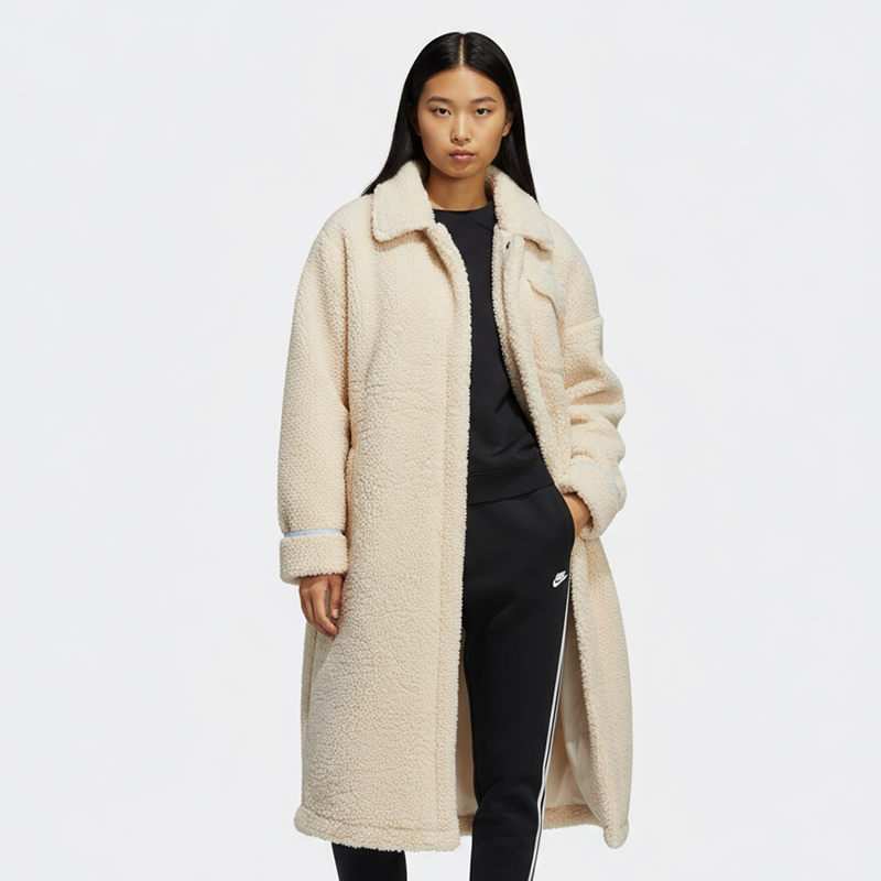 Adidas/阿迪达斯正品三叶草女子仿羊羔绒长款翻领外套 HC0308