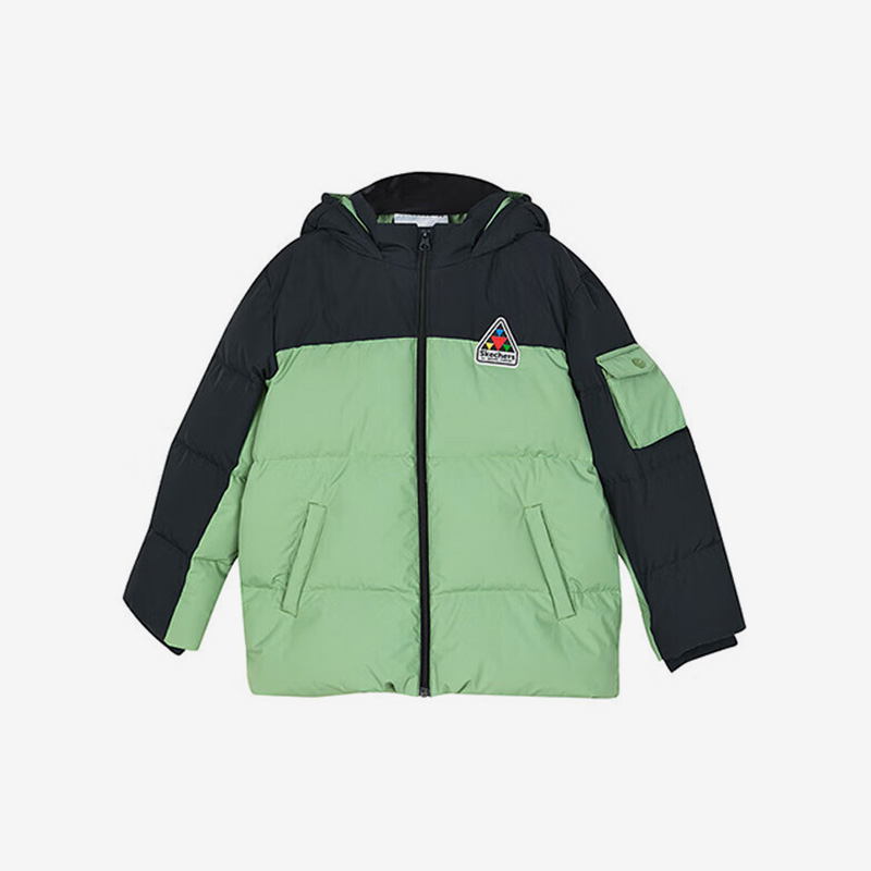 Skechers/斯凯奇正品新款男童时尚拼接保暖运动连帽羽绒服